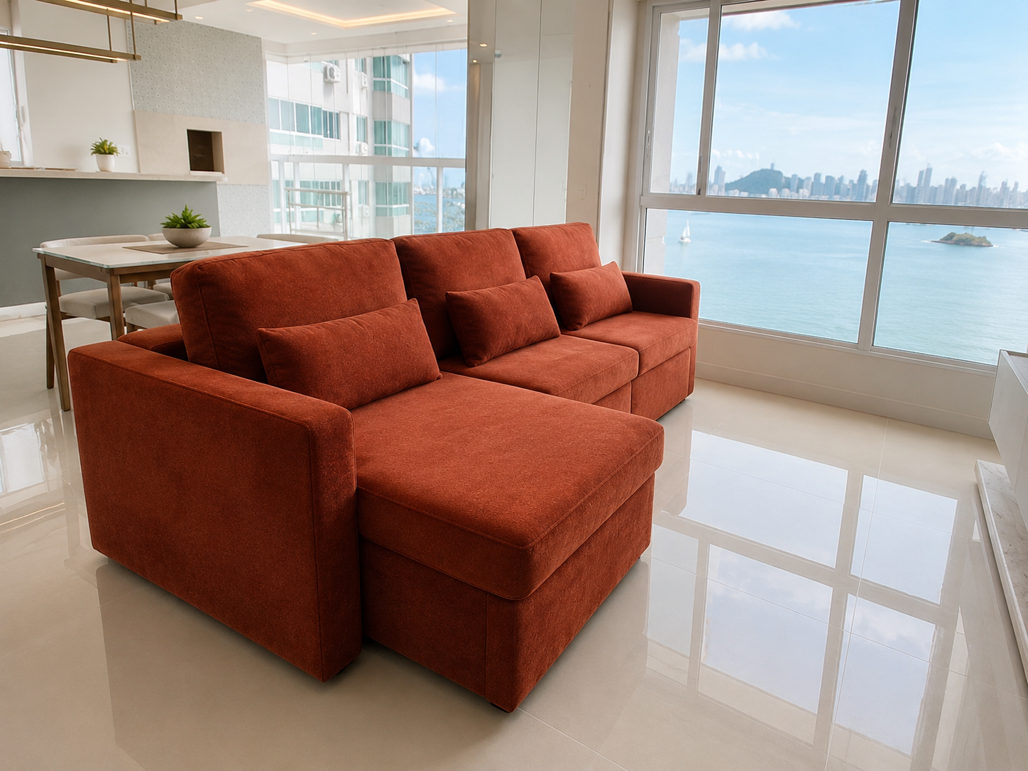 Sala com sofá sob medida e decoração elegante — Futura Prime Estofados